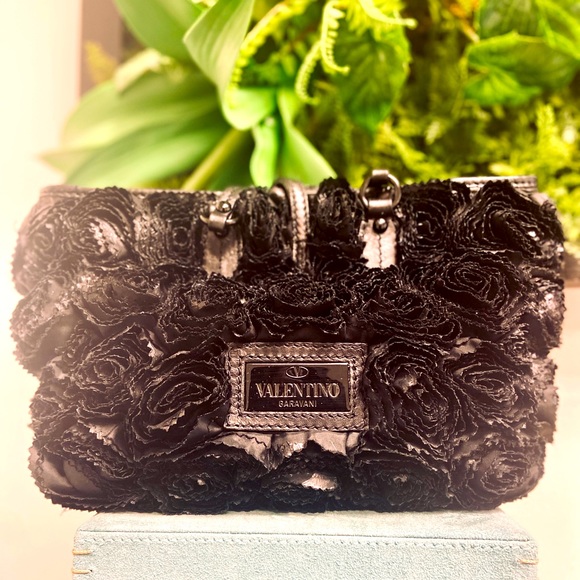 Valentino Satin Rosette Black Floral Handbag - Picture 1 of 3
